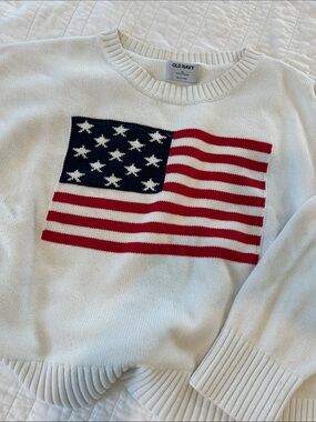 GUC Old Navy White Crewneck Sweater with Red & Blue Flag Knit